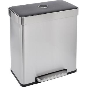 imageAmazon Basics Dual Compartment Recycling Trash Can with SoftClose Lid and Removable Liner Buckets 60 Liters Rectangular Grey Silver60 litre