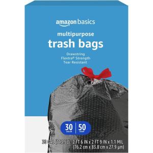imageAmazon Basics Flextra Multipurpose Drawstring Trash Bags 30 Gallon 50 CountFlextra