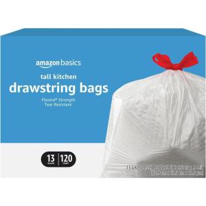imageAmazon Basics Flextra Tall Kitchen Drawstring Trash Bags 13 Gallon Unscented 50 Count120 Count Pack of 1