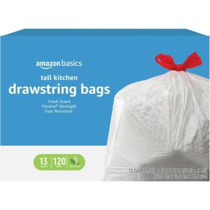 imageAmazon Basics Flextra Tall Kitchen Drawstring Trash Bags Fresh Scent 13 Gallon 120 Count120 Count Pack of 1