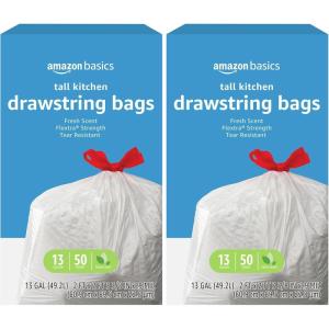imageAmazon Basics Flextra Tall Kitchen Drawstring Trash Bags Fresh Scent 13 Gallon 120 Count50 Count Pack of 2