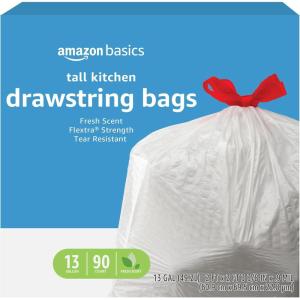 imageAmazon Basics Flextra Tall Kitchen Drawstring Trash Bags Fresh Scent 13 Gallon 120 Count90 Count Pack of 1