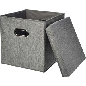 imageAmazon Basics Foldable Burlap Cloth Cube Storage Bin with Lid Stackable and Sturdy Gray Set of 22Pack