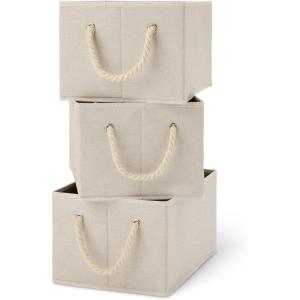 imageAmazon Basics Foldable Storage Bins with Rope Handles Charcoal Large Pack of 3Linen