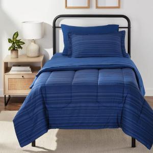 imageAmazon Basics FullQueen Comforter Set with Sheets 7Piece Navy with Grey Plaid Bedding Lightweight Microfiber BedinaBagBlue Calvin Striped