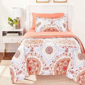 imageAmazon Basics FullQueen Comforter Set with Sheets 7Piece Navy with Grey Plaid Bedding Lightweight Microfiber BedinaBagCoral Medallion