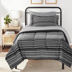 imageAmazon Basics FullQueen Comforter Set with Sheets 7Piece Navy with Grey Plaid Bedding Lightweight Microfiber BedinaBagGray Calvin Stripe