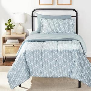imageAmazon Basics FullQueen Comforter Set with Sheets 7Piece Navy with Grey Plaid Bedding Lightweight Microfiber BedinaBagGray Leaf