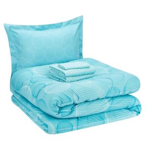 imageAmazon Basics FullQueen Comforter Set with Sheets 7Piece Navy with Grey Plaid Bedding Lightweight Microfiber BedinaBagIndustrial Teal