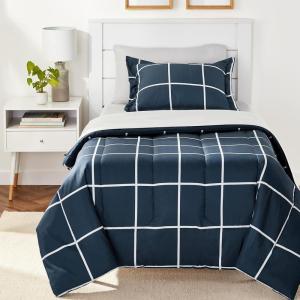 imageAmazon Basics FullQueen Comforter Set with Sheets 7Piece Navy with Grey Plaid Bedding Lightweight Microfiber BedinaBagNavy With Grey Plaid