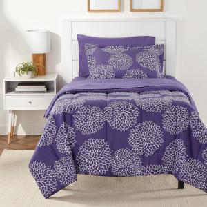 imageAmazon Basics FullQueen Comforter Set with Sheets 7Piece Navy with Grey Plaid Bedding Lightweight Microfiber BedinaBagPurple Floral