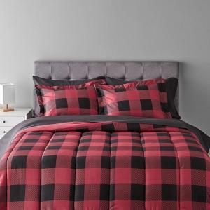 imageAmazon Basics FullQueen Comforter Set with Sheets 7Piece Navy with Grey Plaid Bedding Lightweight Microfiber BedinaBagRed Buffalo Plaid
