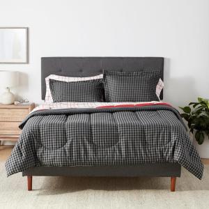 imageAmazon Basics FullQueen Comforter Set with Sheets 7Piece Navy with Grey Plaid Bedding Lightweight Microfiber BedinaBagRed Simple Stripe