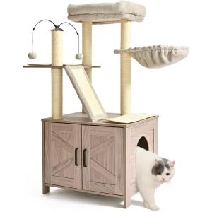 imageAmazon Basics FurnitureStyle Cat Tree with Litter Box Enclosure Scratching Posts Sisal Pad Cozy Perch and Hammock