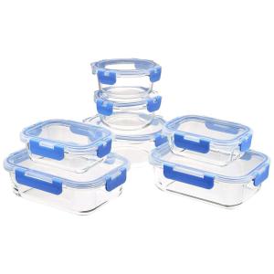 imageAmazon Basics Glass Food Storage Containers with Locking Lids Set of 7 14 pieces including lids BPAFree clear with blue silicone ring14Piece Set