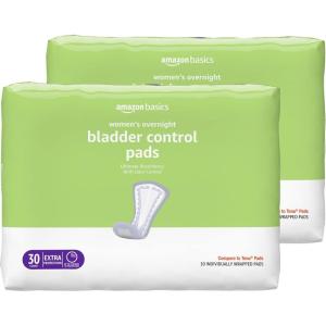 imageAmazon Basics Incontinence Pads for Women Bladder Control Postpartum Overnight Absorbency Unscented 60 Count 2 Packs of 30Pack of 2