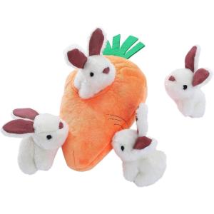 imageAmazon Basics Interactive Hide and Seek Squeaky Dog Plush Toy Rabbit and Carrot Orange and White 5Pack