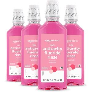 imageAmazon Basics Kids Mouthwash with Fluoride Anticavity AlcoholFree Bubble Gum 18 fl oz Pack of 418 Fl Oz Pack of 4