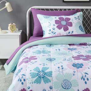 imageAmazon Basics Kids Soft Easy Care Microfiber BedinaBag 5Piece Bedding Set Twin Butterfly FriendsBluish Flower