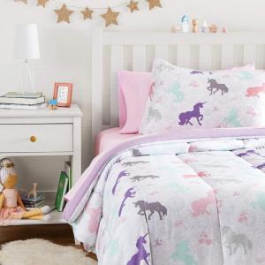 imageAmazon Basics Kids Soft Easy Care Microfiber BedinaBag 5Piece Bedding Set Twin Butterfly FriendsPurple Unicorns