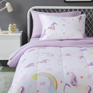 imageAmazon Basics Kids Soft Easy Care Microfiber BedinaBag 5Piece Bedding Set Twin Butterfly FriendsUnicorn