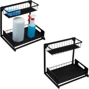 imageAmazon Basics LShape Under Sink Storage Pull Out Cabinet Organizer Black Pack of 2