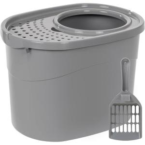imageAmazon Basics Large Cat Litter Box with High Sides Open Top Includes Scoop 19 x 15 x 1175 inches GreyBeigeGrey