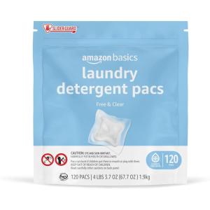 imageAmazon Basics Laundry Detergent Pacs Fresh Scent 120 Count Previously SolimoFree  Clear