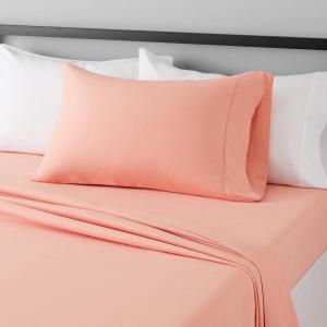 imageAmazon Basics Lightweight Super Soft WrinkleFree Easy Care Microfiber 4Piece Bed Sheet Set with 14Inch Deep Pockets Full Bright White SolidPeachy Coral
