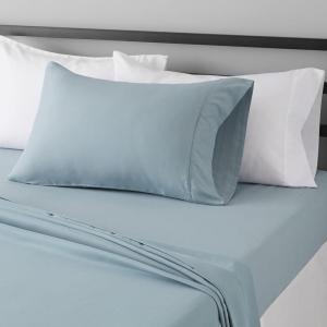 imageAmazon Basics Lightweight Super Soft WrinkleFree Easy Care Microfiber 4Piece Bed Sheet Set with 14Inch Deep Pockets Full Bright White SolidSpa Blue