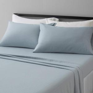 imageAmazon Basics Lightweight Super Soft WrinkleFree Easy Care Microfiber 4Piece Bed Sheet Set with 14Inch Deep Pockets Full Bright White SolidSpa Blue Striped