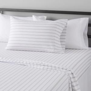 imageAmazon Basics Lightweight Super Soft WrinkleFree Easy Care Microfiber 4Piece Bed Sheet Set with 14Inch Deep Pockets Full Bright White SolidTaupe Stripe