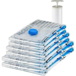 imageAmazon Basics Multiple Vacuum Compression Zipper Storage Bags for Space Saving and Travel with Hand Pump 6Pack 2 Jumbo 2 Large 2 Medium Transparent
