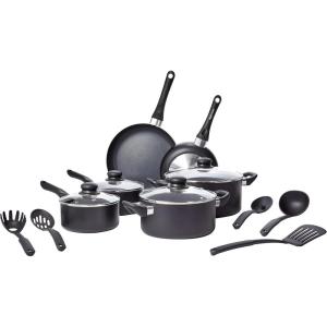 imageAmazon Basics Non Stick Kitchen Cookware 15Piece Set NonInduction Includes Pots Pans and Utensils Black15Piece Set  NonInduction