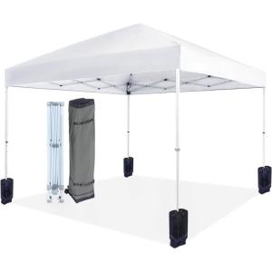imageAmazon Basics Outdoor Pop Up 10 x 10 Canopy Tent for Events Portable with Easy Setup Includes Wheeled Carry Bag 8 Pegs 4 Ropes 4 Weighted Bags BlueWhite