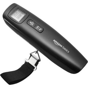 imageAmazon Basics Portable Digital Luggage Scale for Travel Hanging Baggage Scale Suitcase Weight Scale with Battery Included Digital Display Flexible and Sturdy Strap 110 LBS Load one Size Black