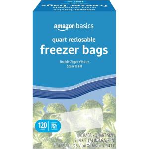 imageAmazon Basics Reclosable Freezer Quart Bags BPA Free 120 Count Previously SolimoQuart 120 Count