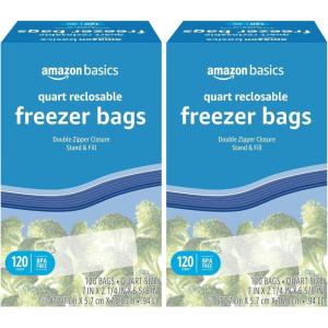 imageAmazon Basics Reclosable Freezer Quart Bags BPA Free 120 Count Previously SolimoQuart 120 Count Pack of 2