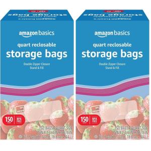 imageAmazon Basics Reclosable Quart Food Storage Bags BPA Free 150 CountQuart Pack of 300