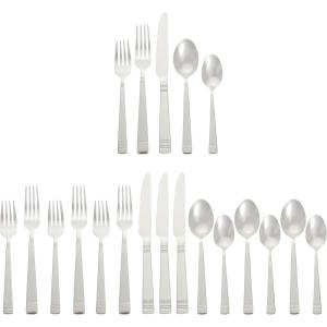 imageAmazon Basics Silverware 20Piece Stainless Steel Flatware Set Service for 4 Durable Silver Finish Bistro20Piece