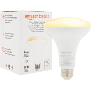 imageAmazon Basics Smart BR30 LED Light Bulb Dimmable Soft White 2700K 9W 60W Equivalent 800LM Works with Alexa Only 24 GHz WiFi No Hub Required 4 Pack1 Pack