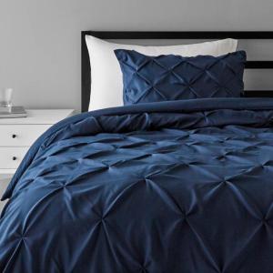 imageAmazon Basics Soft Lightweight Queen Size Comforter Sets AllSeason DownAlternative 3Piece Bedding Set Pinch Pleat Design FullQueen Size Bright WhiteNavy Blue