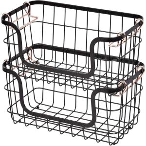 imageAmazon Basics Stackable Metal Wire Rectangular Storage Basket Set For Kitchen or Bathroom 2 Count Black