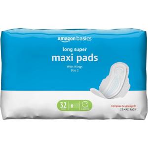 imageAmazon Basics Thick Maxi Pads with Wings for Periods Regular Absorbency Unscented Size 1 144 Count Previously SolimoSize 2