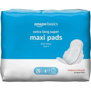 imageAmazon Basics Thick Maxi Pads with Wings for Periods Regular Absorbency Unscented Size 1 144 Count Previously SolimoSize 3