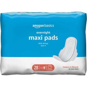 imageAmazon Basics Thick Maxi Pads with Wings for Periods Regular Absorbency Unscented Size 1 144 Count Previously SolimoSize 4