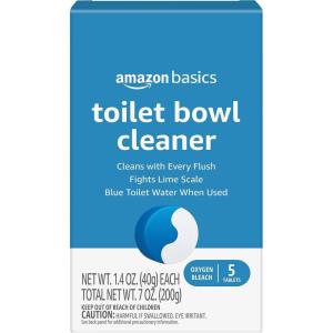imageAmazon Basics Toilet Bowl Cleaners Tablets with Oxygen Bleach Unscented Blue 5 Count Pack of 15 Count Pack of 1