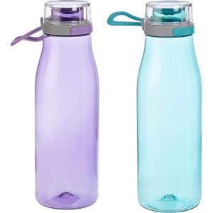 imageAmazon Basics Tritan BPAFree LeakProof Water Bottles with Action Lid 2Pack 24 oz Blue ampamp Purple
