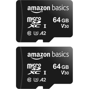 imageAmazon Basics microSDXC Memory Card with Full Size Adapter A2 U3 Read Speed up to 100 MBs 1 Tb Black64GB2 pack