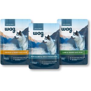 imageAmazon Brand  Wag Wet Dog Food Topper Chicken Lamb and Salmon Stew in Gravy 35 oz Pouches Pack of 24